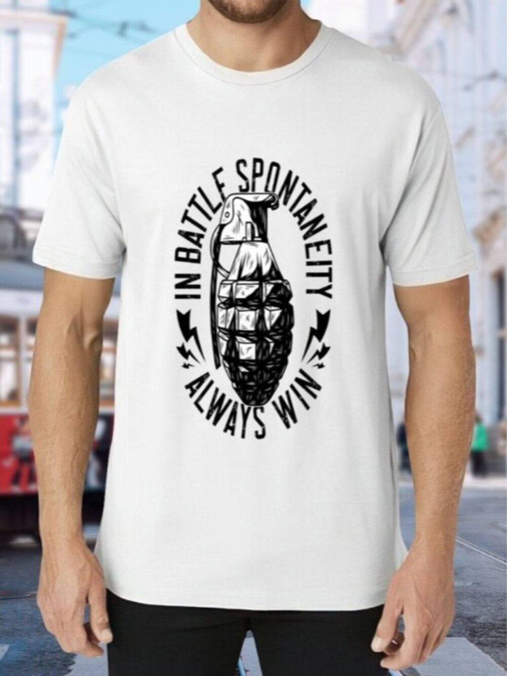 White Graphic Tee with Grenade Illustration